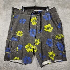Palmwave Board Shorts Mens 38 Gray Floral Cargo Pockets‎ Swim Trunks